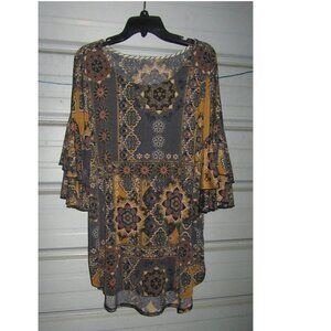 3X Plus Size Boho Hippie Blouse shirt top womens Gray Floral Ruffle sleeve